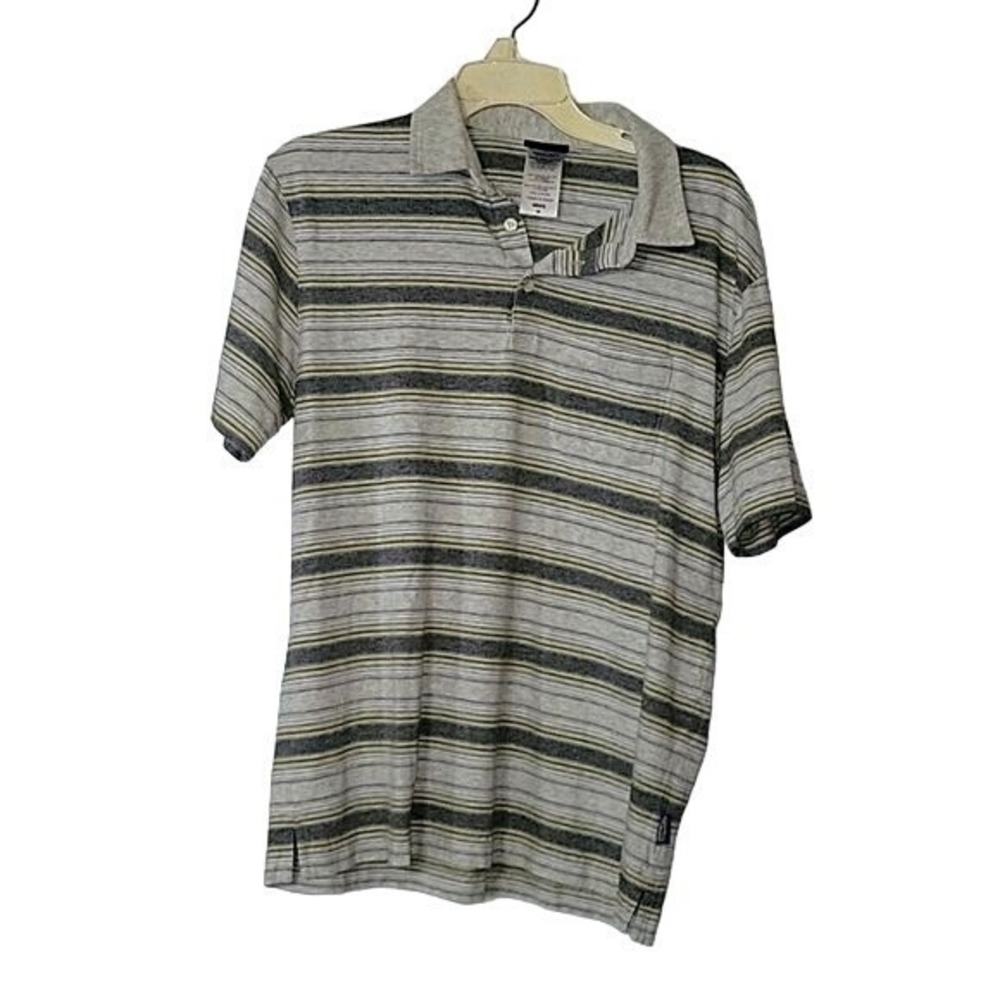 Patagonia Mens Organic‎ Cotton Striped Polo Shirt Grey Green Medium Short Sleeve
